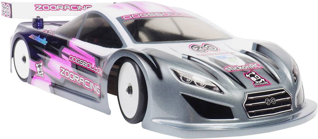 Silver RC car with pink accents and logos. Aerodynamic design for racing competitions.