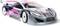 Silver RC car with pink accents and logos. Aerodynamic design for racing competitions.