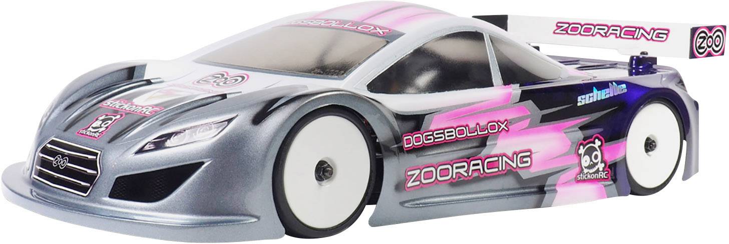 Grey and pink remote-controlled racing car with 'ZOORACING' inscription, shown from the side with an aerodynamic design and large white wheels.