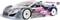 Grey and pink remote-controlled racing car with 'ZOORACING' inscription, shown from the side with an aerodynamic design and large white wheels.