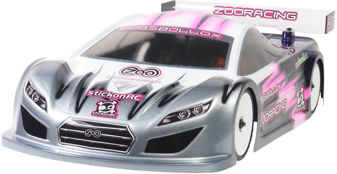 A remote-controlled model car with a futuristic bodywork in grey and pink, decorated with racing decals and logos.
