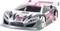 A remote-controlled model car with a futuristic bodywork in grey and pink, decorated with racing decals and logos.