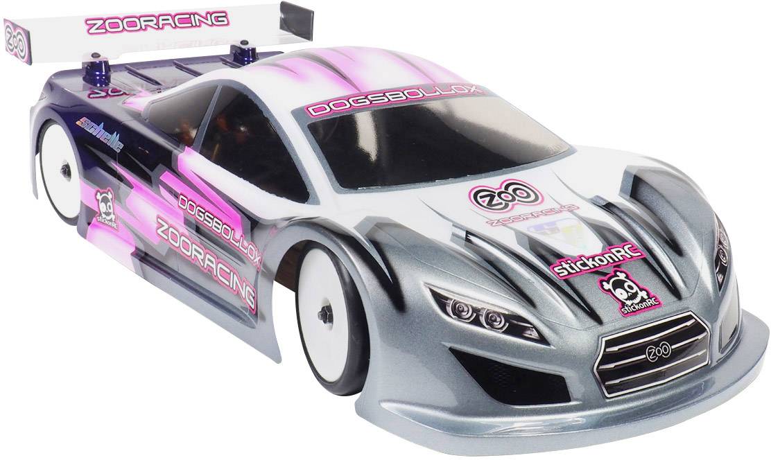 Remote-controlled model car in futuristic design, primarily grey and pink, with logos from 'Zoo Racing', 'Dogsbollox' and 'StickonRC'.