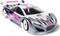 Remote-controlled model car in futuristic design, primarily grey and pink, with logos from 'Zoo Racing', 'Dogsbollox' and 'StickonRC'.