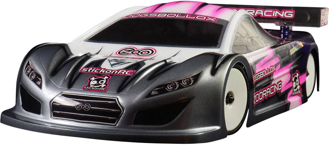 A remote-controlled car with an aerodynamic body, striking pink and grey designs, suitable for racing on smooth surfaces.