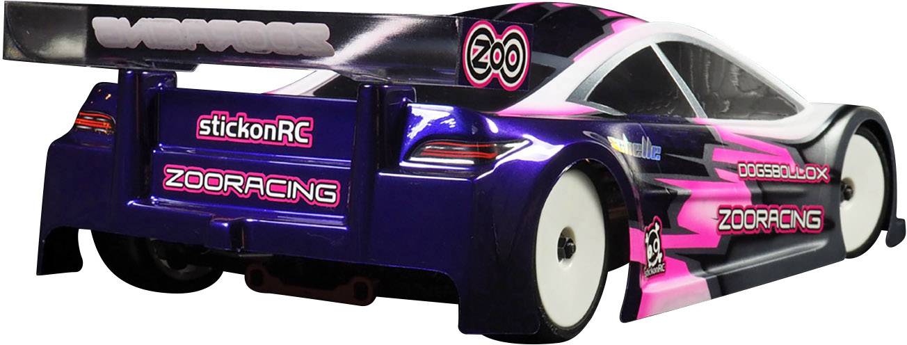 Remote-controlled car with a striking pink and blue design and advertising prints. Sporty shape, suitable for racing competitions.
