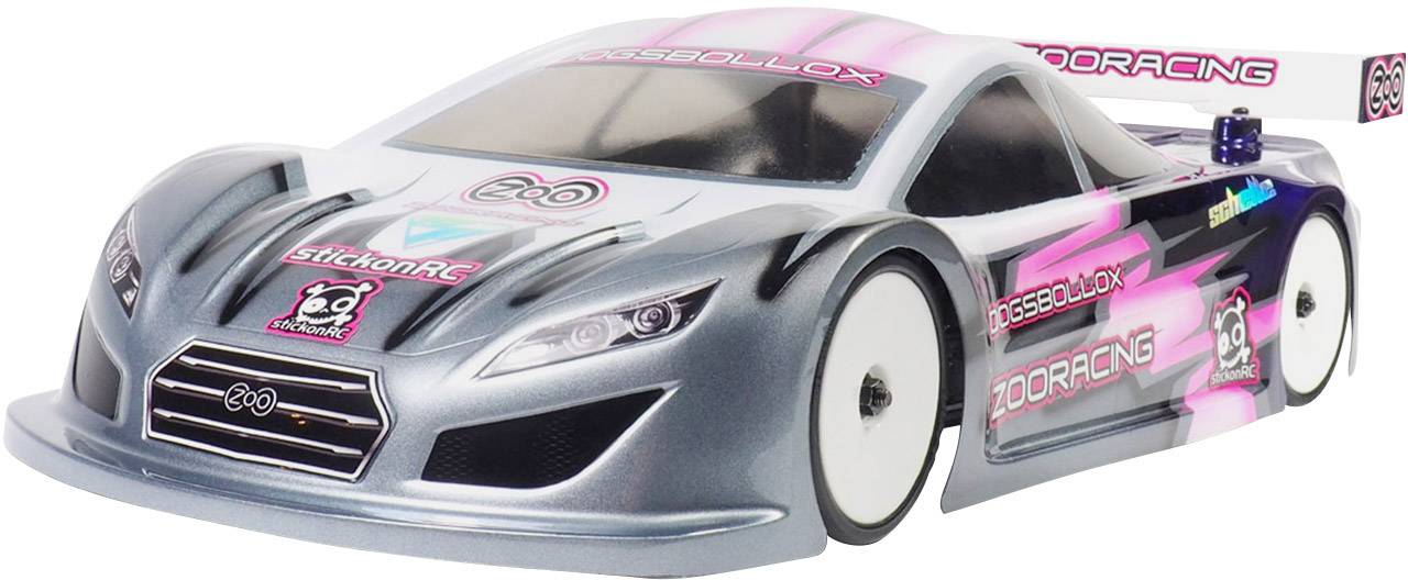 Silver remote-controlled model car with pink and black accents, racing design.