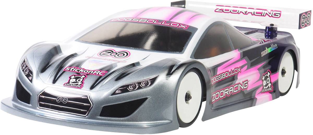 A remote-controlled model car with an aerodynamic design and eye-catching stickers on the bodywork, suitable for car racing.