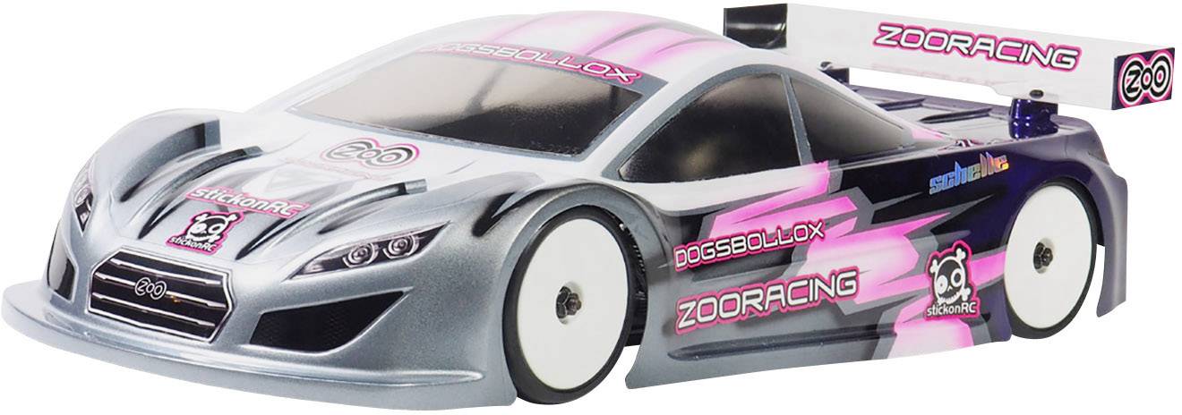 A remote-controlled model car with an aerodynamic design, grey-pink paintwork and 'ZooRacing' brand decals.