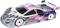 Remote-controlled model car with aerodynamic design, coloured in pink, black and white; stickers reading 'DOOGSBOLLOX' and 'ZOORACING'.