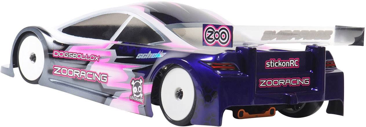 Model car with aerodynamic design, blue and pink graphics and 'Zoo Racing' text on the side.