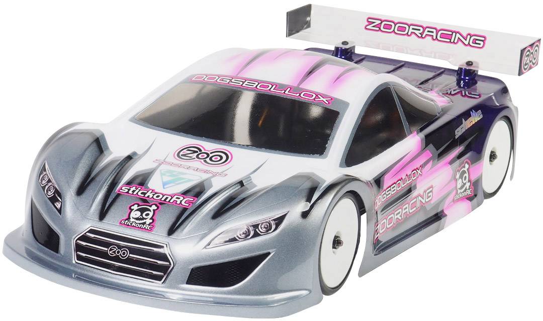 A remote-controlled model car in silver, white and pink with the 'Zooracing' branding, parked on a smooth surface.