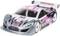 A remote-controlled model car in silver, white and pink with the 'Zooracing' branding, parked on a smooth surface.