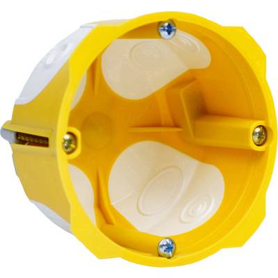 Yellow round plastic flush-mounted socket box with screws on the sides for installation in walls, used for securing electrical connections.
