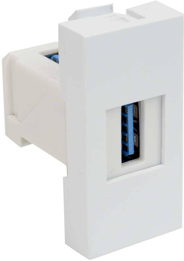 A white USB socket module, commonly used in wall outlets, for connecting USB devices to power supply or data transfer.