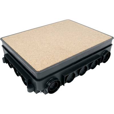 A rectangular black plastic enclosure with multiple round connections and a cork cover on the top surface.