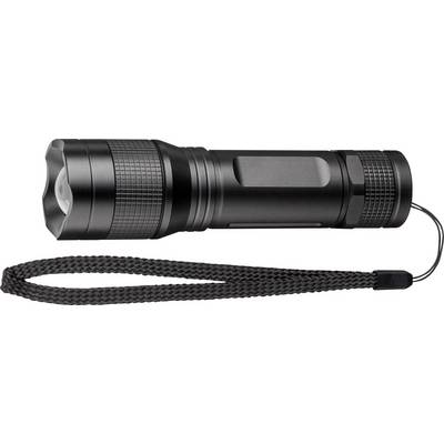 Black LED torch with textured grip and wrist strap, lying sideways on a white background.