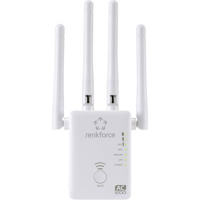 A white Wi-Fi repeater with four aerials and LED indicators for wireless connection, WPS, WAN/LAN and power. Brand 'renkforce'.