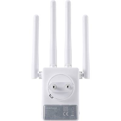 A white Wi-Fi repeater with four visible aerials, a power socket, and technical specifications on the underside.