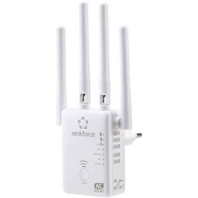 A white Wi-Fi repeater with three aerials. LEDs indicate the status for wireless, LAN and power. Brand 'Renkforce', model 'AC 1200'.