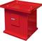 Red metal box with a sloped roof and closed door at the front, mounted on a rectangular base.