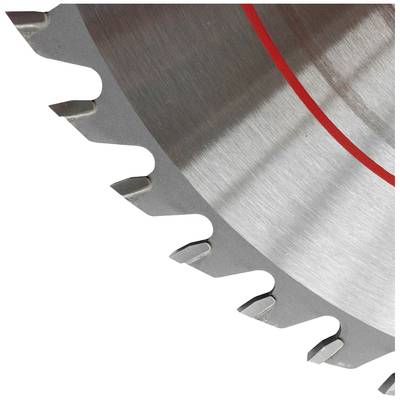 Close-up of a circular saw blade edge with visible teeth.
