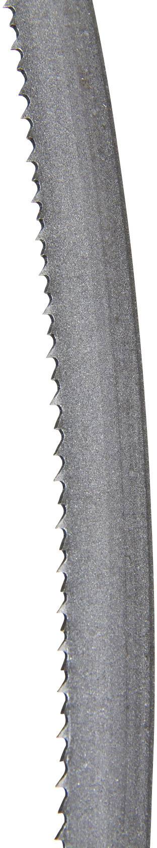 Close-up of a metal saw blade teeth with fine, sharp teeth, suitable for precise cutting of metal surfaces.