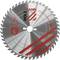 'Circular saw blade with warning symbols and manufacturer's logo by Holzmann Machines on a silver background. Arrows indicate direction of rotation.'