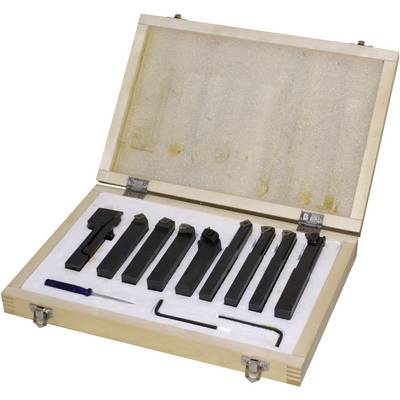 A wooden case with an open lid displays a set of eight turning chisels in foam inserts, along with a screwdriver and an Allen key.