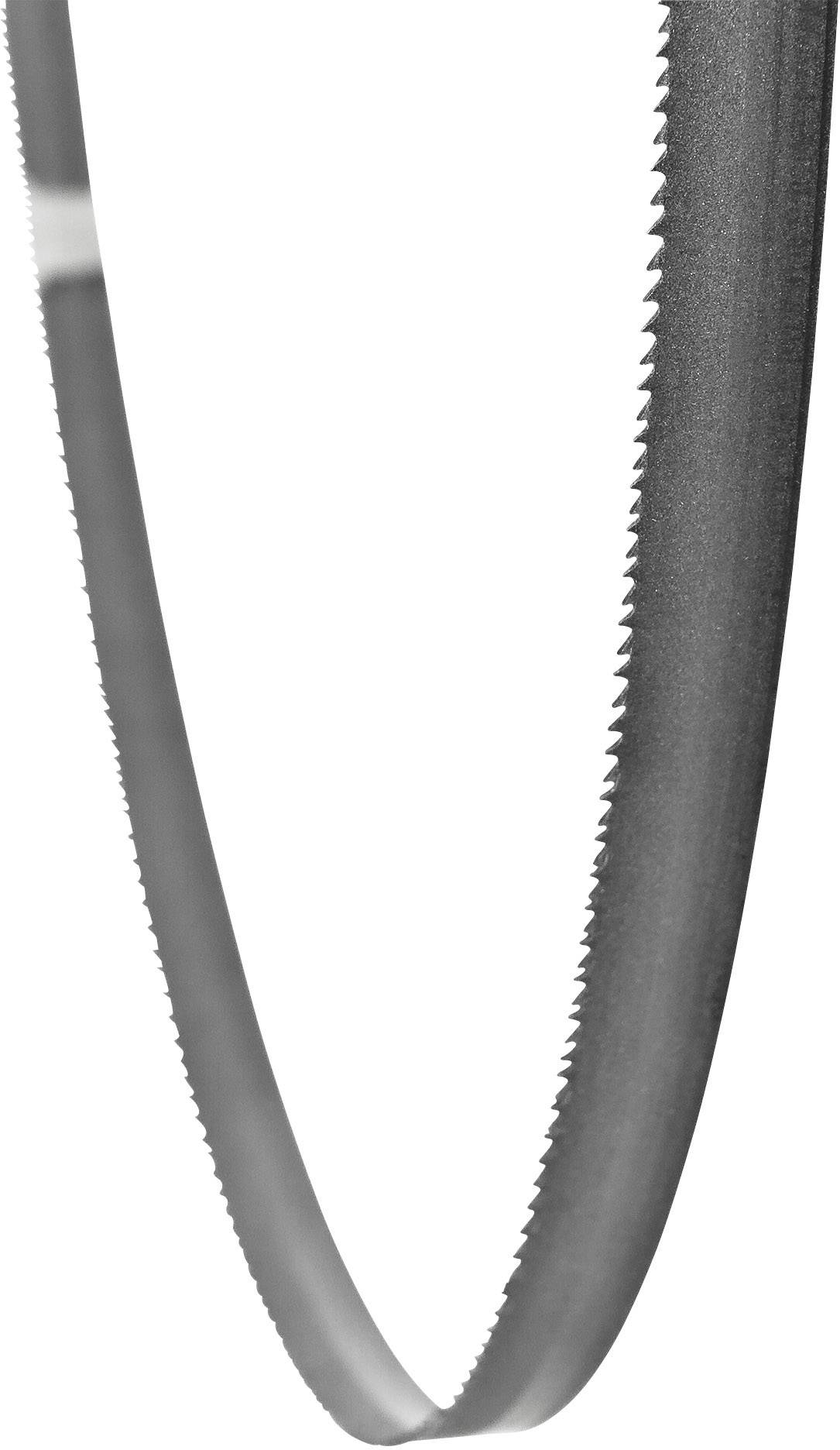 Saw blade with fine teeth, slightly curved, in close-up.