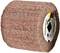 A grinding wheel, cylindrical, made of abrasive material in pink, with a side label; used for surface processing.