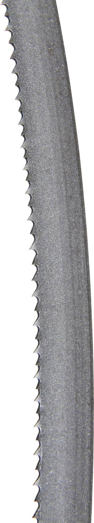 Close-up of a grey metal saw blade with fine teeth along the edge.
