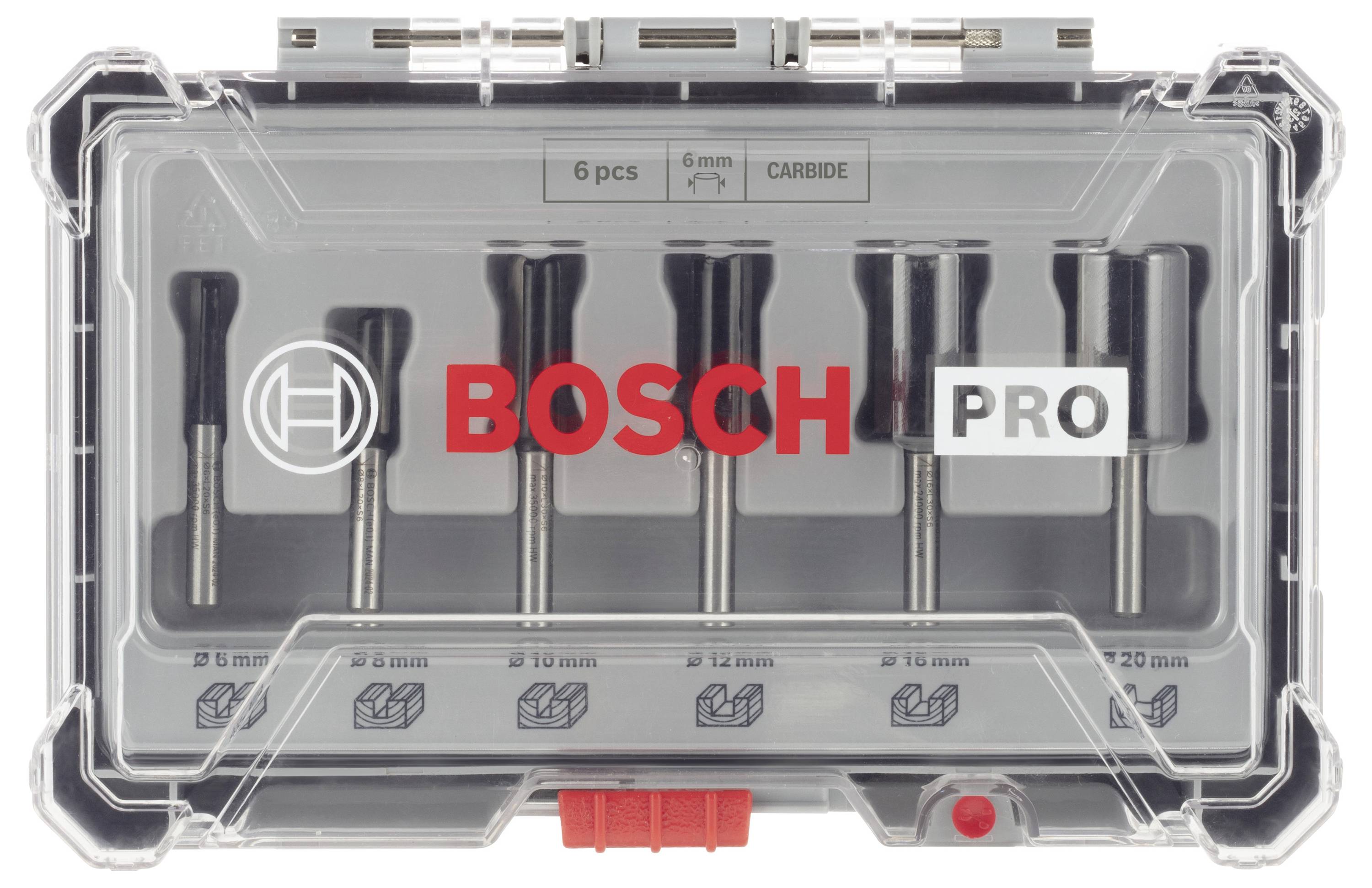 'Bosch Pro' socket with 6 router bits in various sizes, suitable for professional wood or metal work.