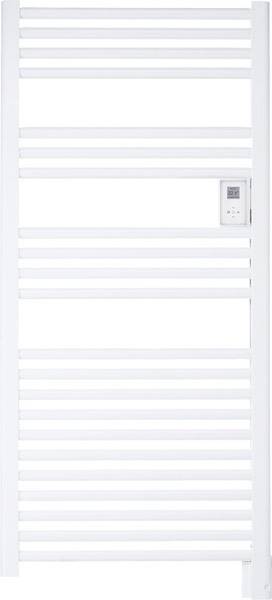 White towel radiator with multiple horizontal rails and a digital control display on the right side.