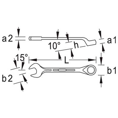 Dimensioned wrench diagram showing side and top views with labeled measurements a1, a2, b1, b2, h, L, and angles 10° and 15°.