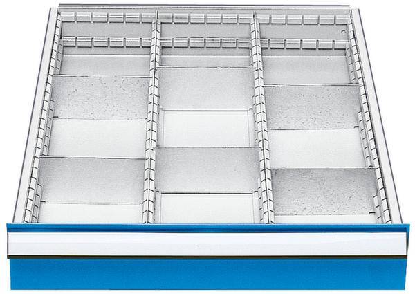 Six empty, rectangular compartments in a white, rectangular storage container with a blue border, viewed from above.