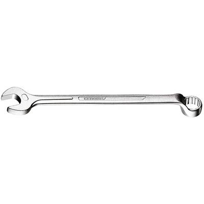 A silver combination spanner lies horizontally; an open-ended side on the left, a closed ring side on the right. Brand name embossed.