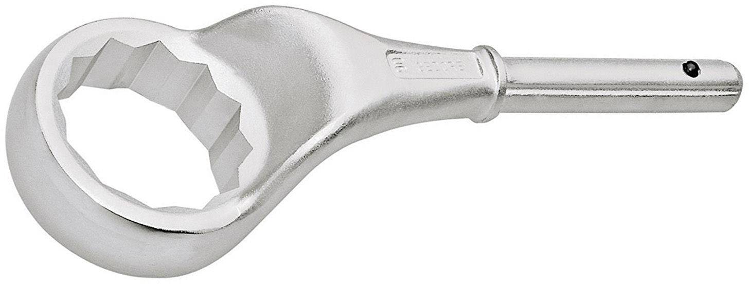 A silver ring spanner with a ribbed inner surface and a short shaft, used for turning nuts or bolts.