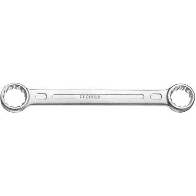 A silver ring spanner with 'GEDORE' inscription, showing two hexagonal openings of different sizes at its ends.