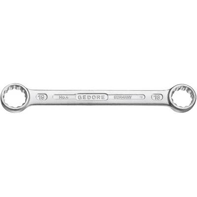 A double-sided ring spanner by Gedore with sizes 19 mm and 18 mm, manufactured in Germany.