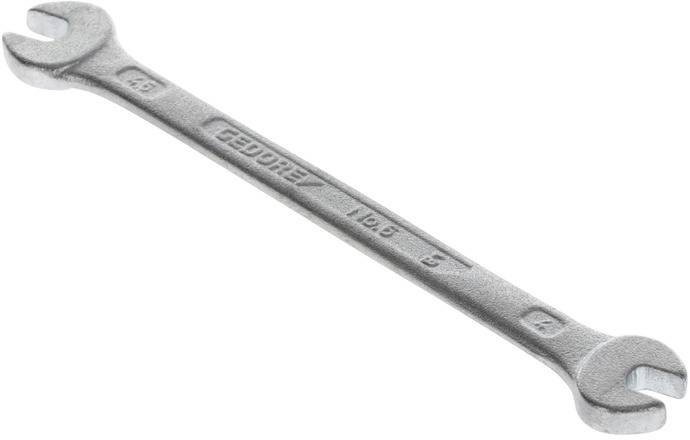 A silver double-ended adjustable spanner with 'Geborez' and size marking '10-8'. Right-hand open ends for various screws.