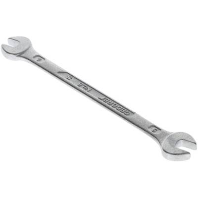 A silver spanner with two differently sized ends, used for tightening or loosening nuts and bolts.