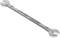A silver spanner with two differently sized ends, used for tightening or loosening nuts and bolts.