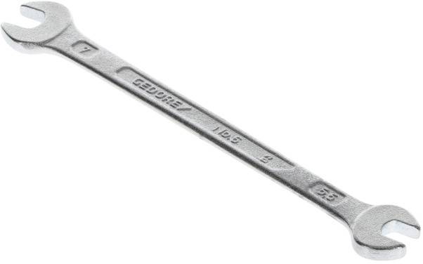 A silver double-ended spanner with sizes 7 and 8, manufactured by Gedore, is lying slightly at an angle on a white background.