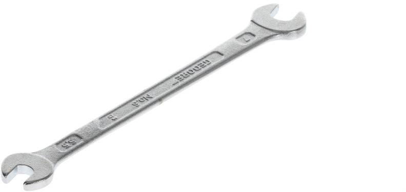 A silver spanner with two different ends that can be used for various screw sizes.