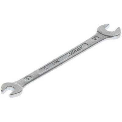 A silver spanner with open ends on both sides lies on a white background.
