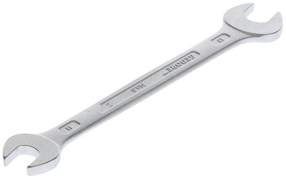 A silver double-ended spanner with an open jaw at each end. The left side is smaller; the right side is larger. The tool is lying flat.