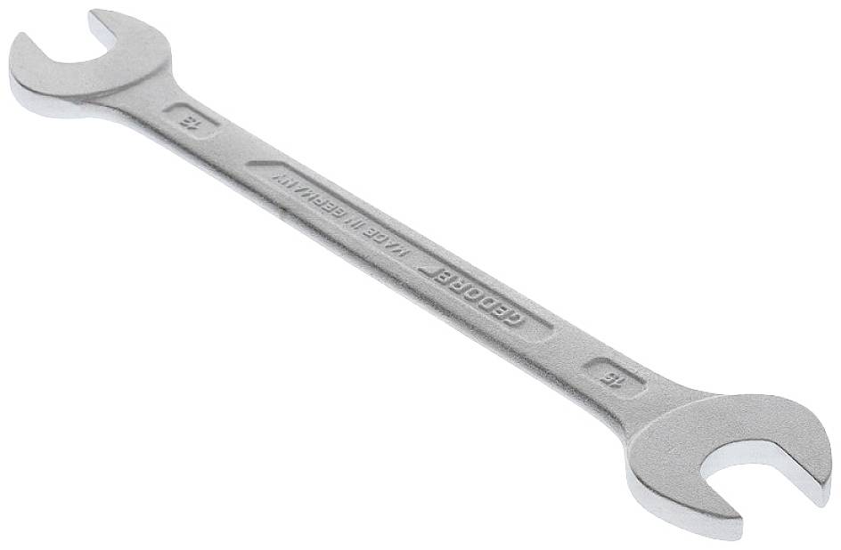 A silver double-ended spanner with engraved size markings on both ends, placed on a white background.