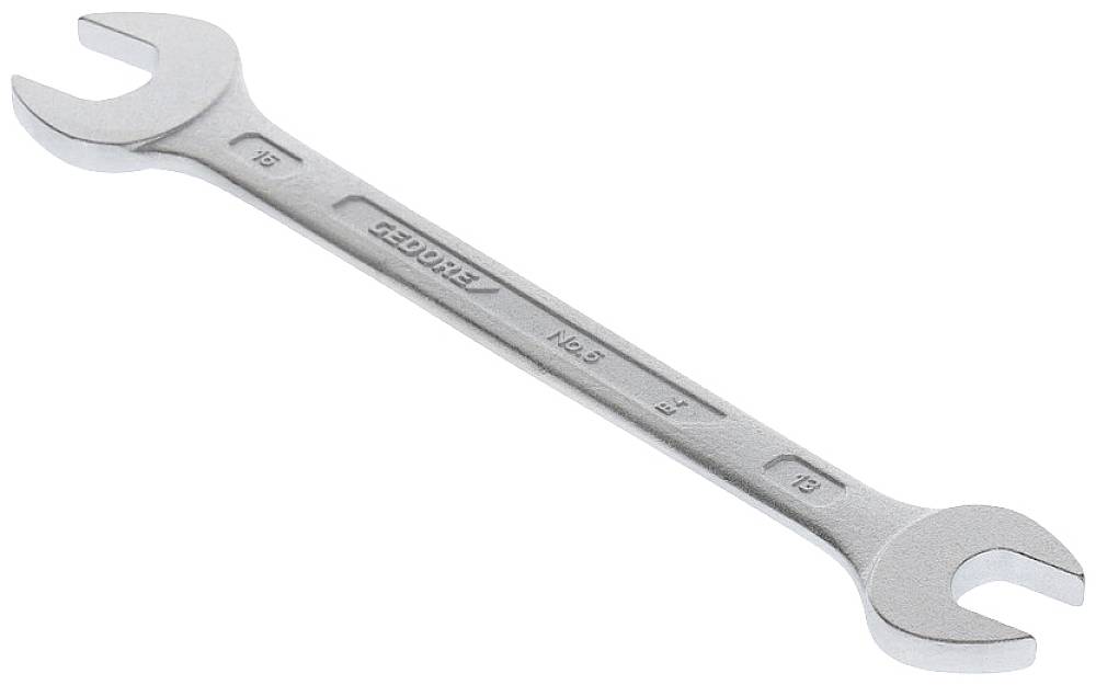 Silver fork spanner with two different jaw sizes, marked 'GEDORE'. Used for tightening or loosening bolts.