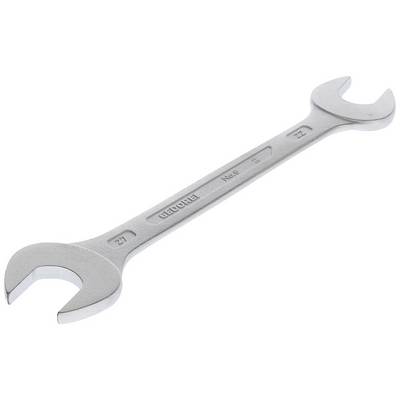A single silver spanner with a double hexagonal end on both sides against a white background.